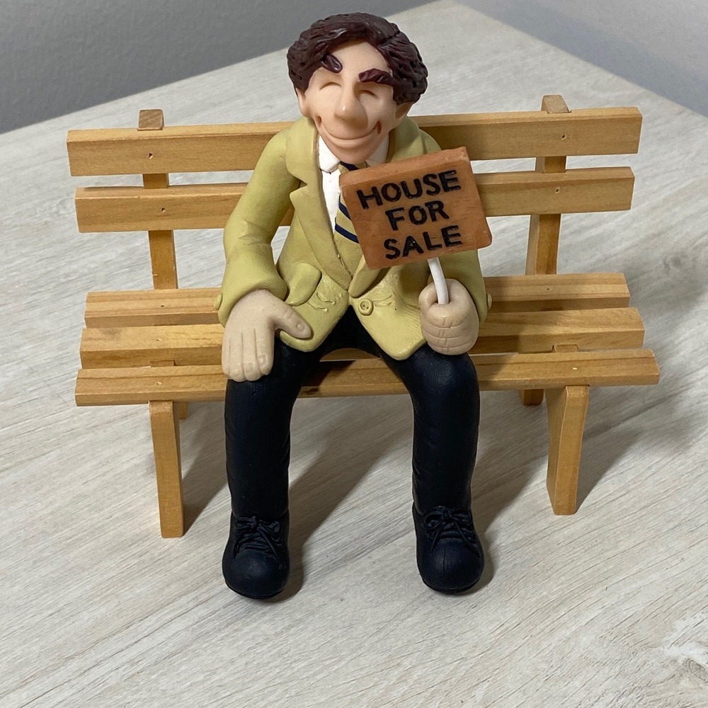 Real Estate Agent Figurine House For Sale Sign Wooden Bench Diana Manning Rare